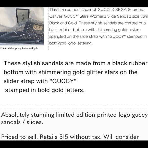 GUCCI “GUCCY” SUPREME CANVAS BLACK WITH SHIMMERING GOLD GLITTER STARS SLIDES - Picture 4 of 16